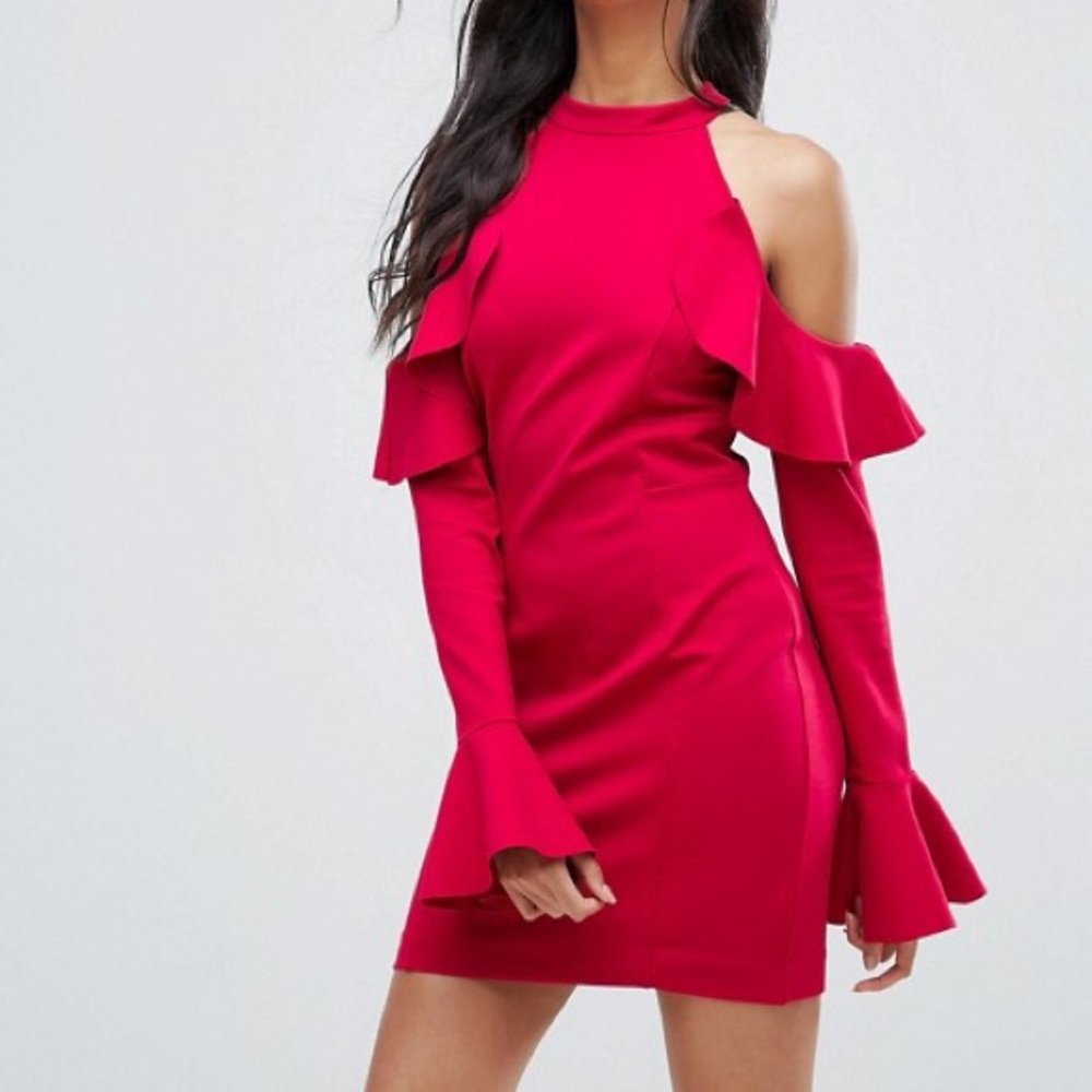 Free People Sweet Talk Raspberry Cold Shoulder Ruffle Trim Cocktail Dress - Picture 2 of 3